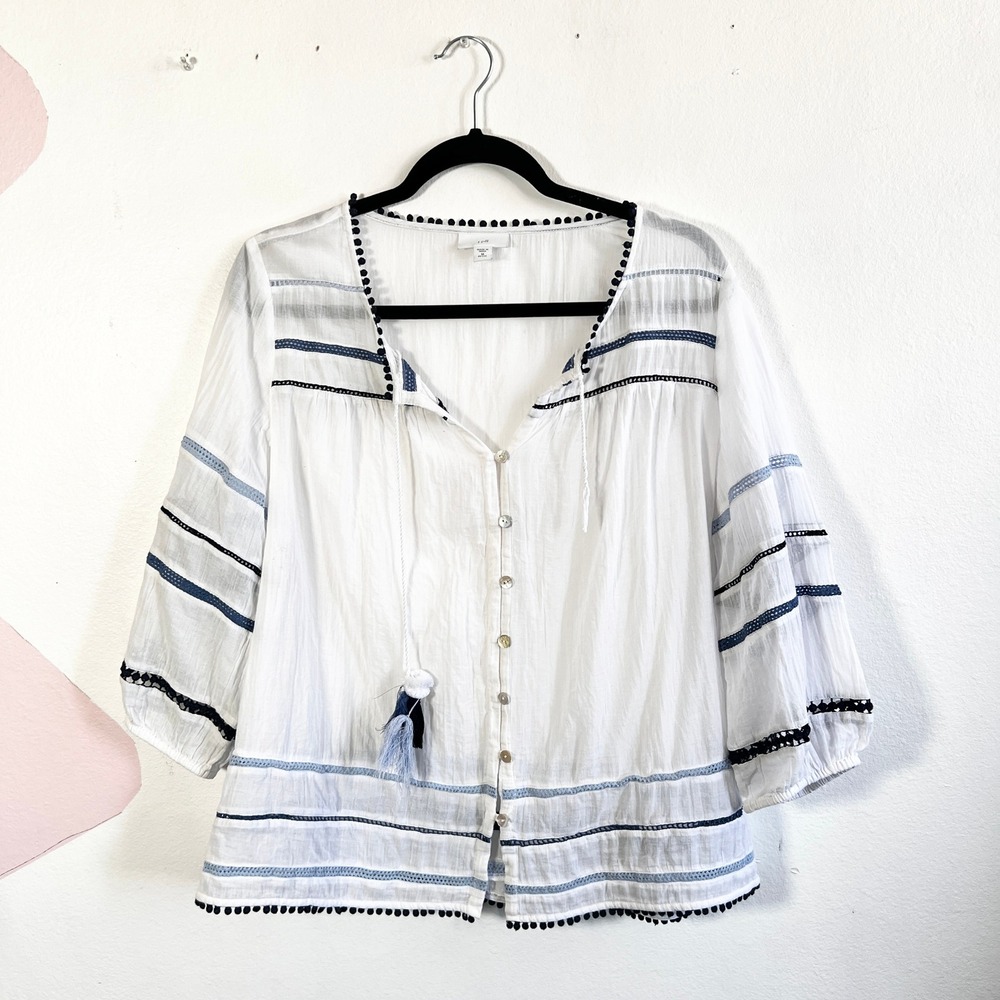 J Jill Peasant Top‎ Sz Medium Boho Western Embroidered Tassel Ties